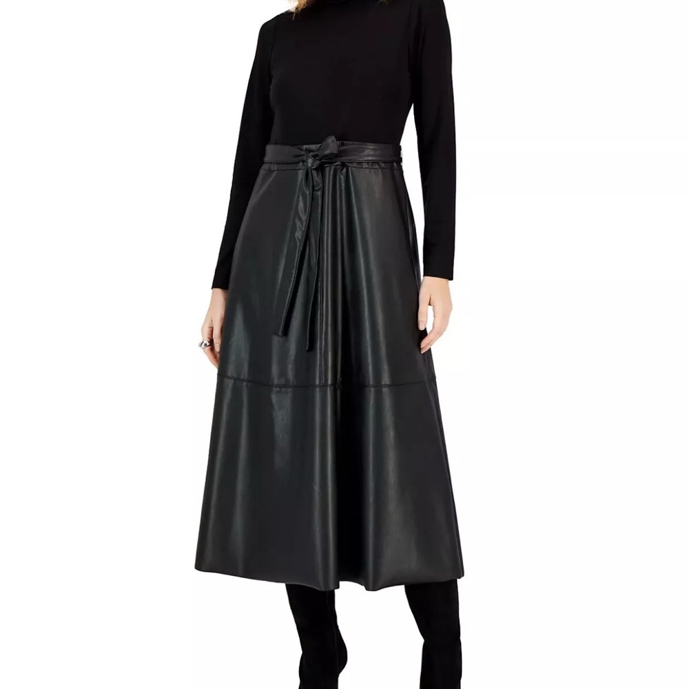 Anne Klein Vegan Faux Leather Midi Turtleneck Dress 4 Black Capsule Quiet Luxury